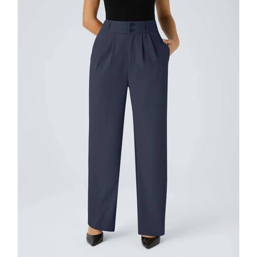 Halara Flex High WaistedShirred Straight Leg Work Business Pants Black Iris
